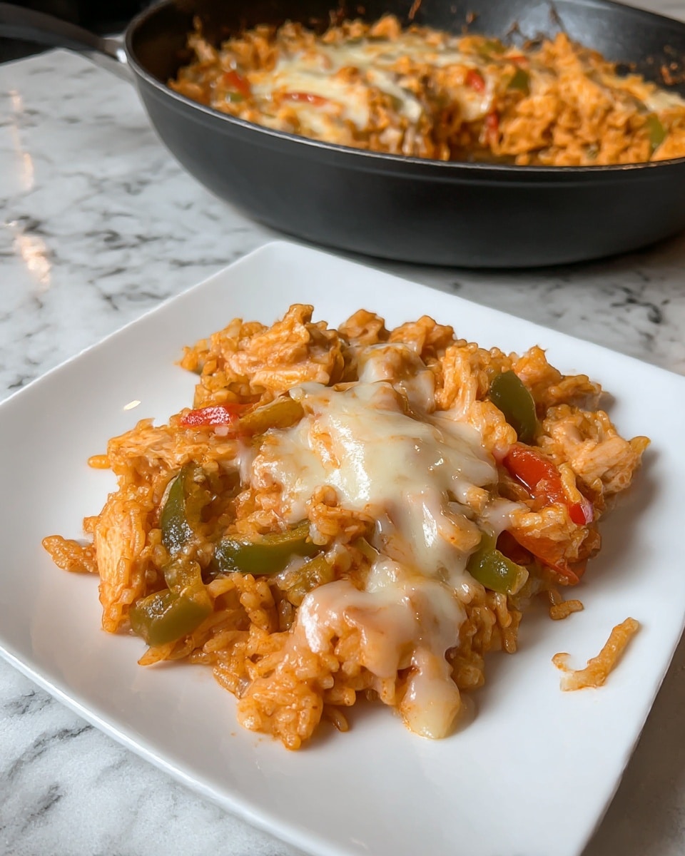 A white square plate holds a serving of cooked rice mixed with pieces of chicken and slices of green and red bell peppers in a reddish sauce. This mixture forms the base layer, which appears soft and moist with an orange-red color. A shiny, thick layer of melted white cheese is drizzled over the rice and chicken, adding a glossy, creamy texture on top. In the background, there is a black pan with more of the same dish on a white marbled surface. Photo taken with an iphone --ar 4:5 --v 7