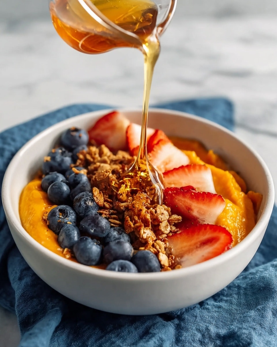 A white bowl sits on a blue cloth over a white marbled surface, filled with layers starting with creamy orange pumpkin puree in the center topped with crunchy brown granola. Surrounding the puree is a ring of fresh, deep blue blueberries and bright red strawberry slices, contrasting with the orange center. Golden syrup is being poured from above onto the pumpkin puree, catching the light as it flows down. photo taken with an iphone --ar 4:5 --v 7