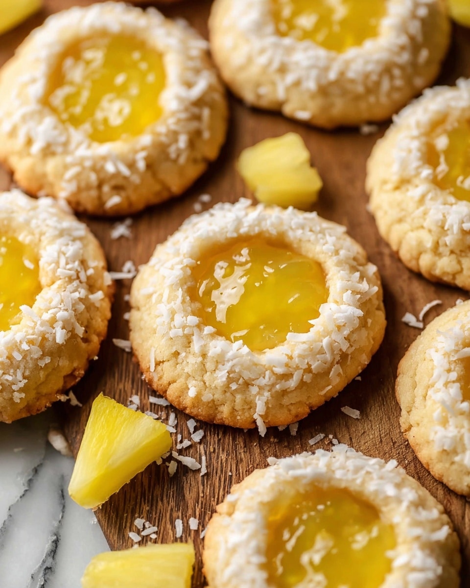 The image shows round thumbprint cookies with a light golden brown color and a soft crumbly texture. Each cookie has one layer of dough forming the base and edges, speckled with white shredded coconut around the top edge. The center of each cookie is filled with a shiny, smooth, yellow pineapple jam, creating a glossy contrast with the matte cookie base. The cookies are arranged on a wooden surface with small yellow pineapple chunks and more shredded coconut scattered around. In the corner, a white marbled texture is visible. Photo taken with an iphone --ar 4:5 --v 7