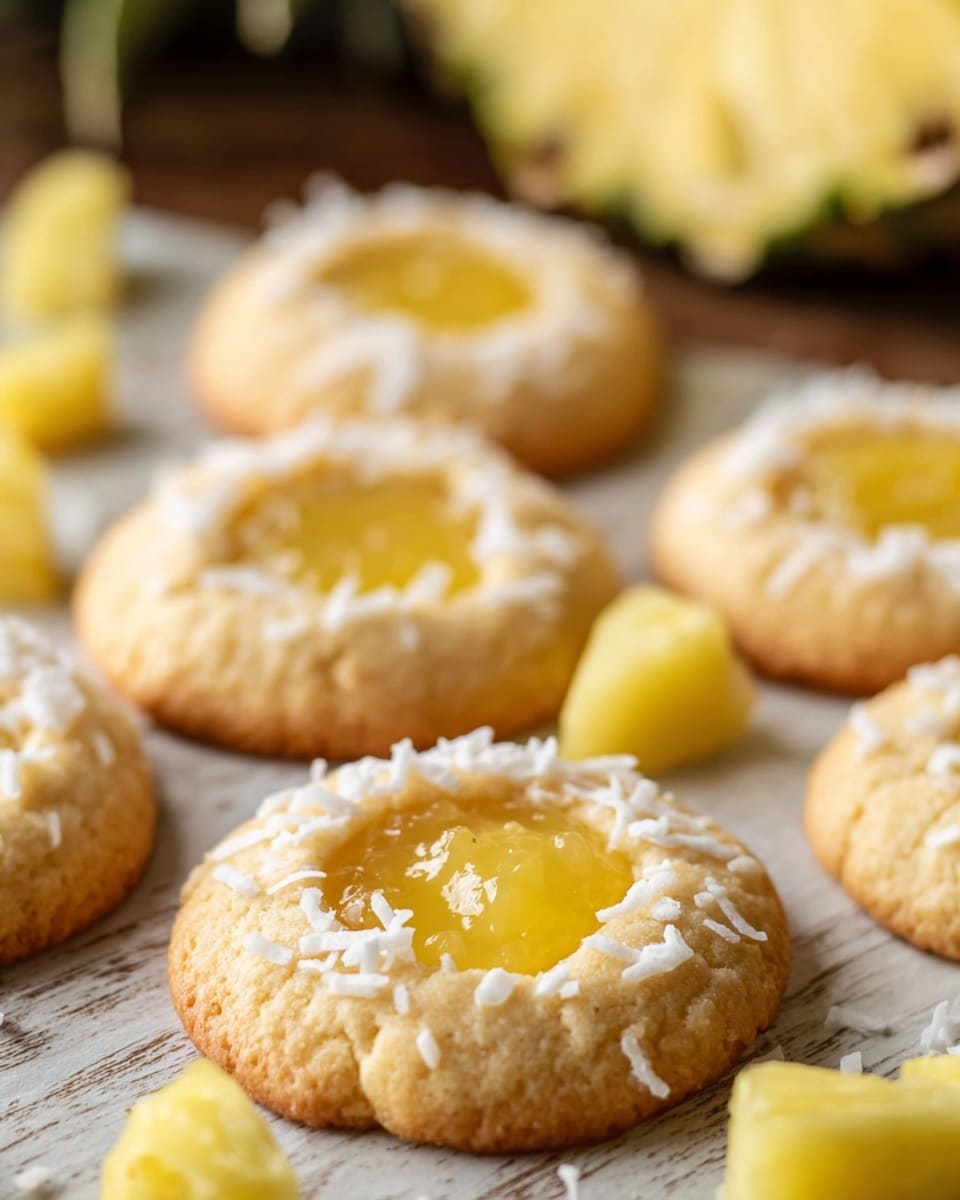 A close-up view of several round cookies on a white marbled surface textured like wood, each cookie having one visible layer with a light golden-brown base and a center filled with a smooth, glossy yellow pineapple jam. Around the edge of each cookie, there are small shredded white coconut flakes scattered lightly, adding texture. Around the cookies, there are small chunked pieces of fresh yellow pineapple and some more shredded coconut, with a blurred pineapple crown partially visible in the background. The lighting is soft and natural, making the cookies look fresh and appetizing. Photo taken with an iphone --ar 4:5 --v 7
