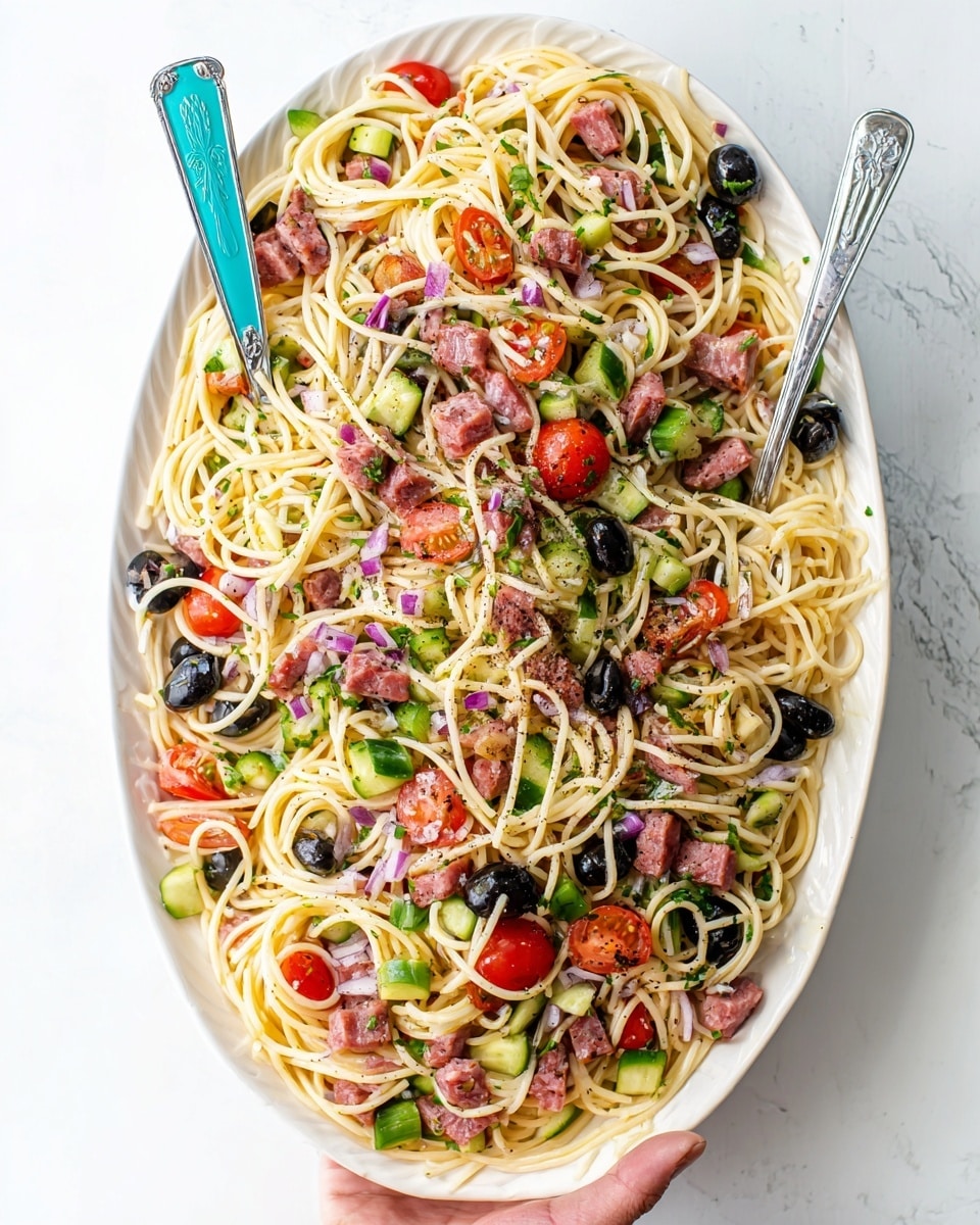 An oval white plate is filled with a mixed pasta salad showing a base layer of light yellow spaghetti noodles spread unevenly across the plate. Scattered on top are bright red halved cherry tomatoes, dark sliced black olives, light green diced cucumbers, and small chunks of pinkish diced salami. Tiny pieces of purple-red onion are mixed throughout, and a sprinkling of black pepper dots the entire dish. Two silver forks with turquoise handles rest near the top edge of the plate, and a woman's hand holds the bottom left corner of the plate against a white marbled texture surface. Photo taken with an iphone --ar 4:5 --v 7