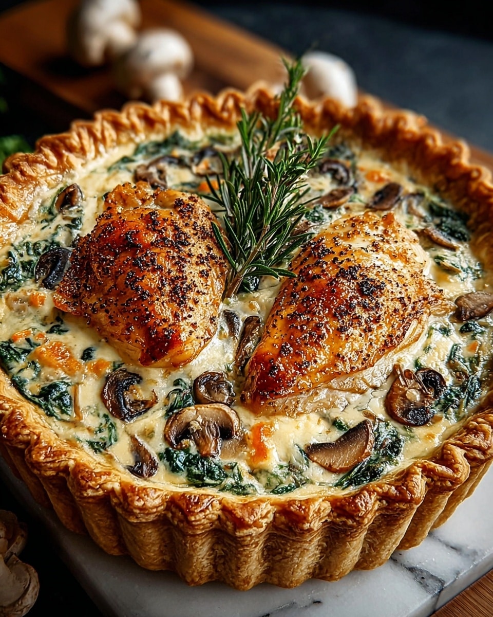 A golden brown pie with a thick, flaky crust having a ridged edge, filled with a creamy mixture containing spinach and sliced mushrooms, topped with two nicely browned pieces of chicken seasoned with black pepper, and garnished with two fresh rosemary sprigs in the center, all set on a white marbled textured surface against a dark blurred background. photo taken with an iphone --ar 4:5 --v 7