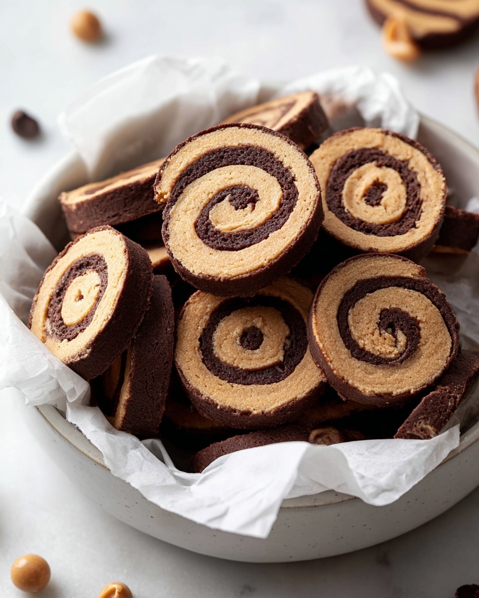 A pile of round swirl cookies made of two layers, the outer layer is dark brown chocolate and the inner spiral layer is a light brown peanut butter color, all neatly arranged in a white bowl lined with white parchment paper. Some cookies are stacked on top of each other, showing the spiral pattern clearly. The bowl sits on a white marbled surface with a few small chocolate and peanut butter balls scattered around. Photo taken with an iphone --ar 4:5 --v 7