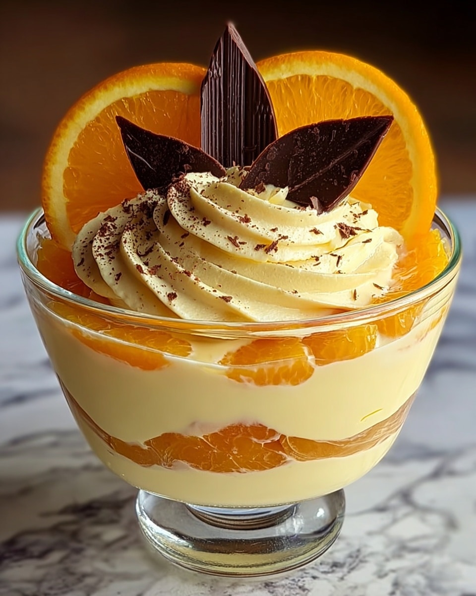 This dessert is served in a clear glass bowl with three visible layers: the bottom layer is smooth creamy light yellow, the middle layer has thin, bright orange slices pressed against the glass, and the top layer is a thick swirl of soft pale cream topped with two shiny dark chocolate pieces shaped like leaves and two fresh orange slices standing upright behind the chocolate. The clear bowl is set on a white marbled surface. photo taken with an iphone --ar 4:5 --v 7