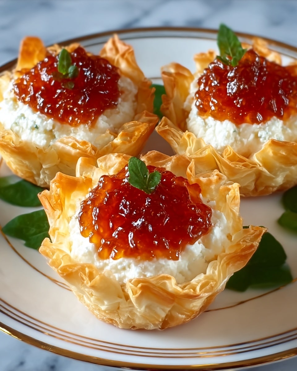 The image shows four small tartlets with three layers each, served on a white plate with a gold rim and some green leaves around for decoration, placed on a white marbled texture. The bottom layer is light brown, flaky and crispy looking phyllo dough shaped like a cup with ruffled edges. The middle layer is a fluffy, creamy white cheese filling, smoothly spread inside each dough cup. The top layer is a glossy, rich reddish-orange jelly or jam, slightly chunky, piled thickly on the cheese. Each tartlet is topped with a small fresh green herb leaf. Photo taken with an iphone --ar 4:5 --v 7