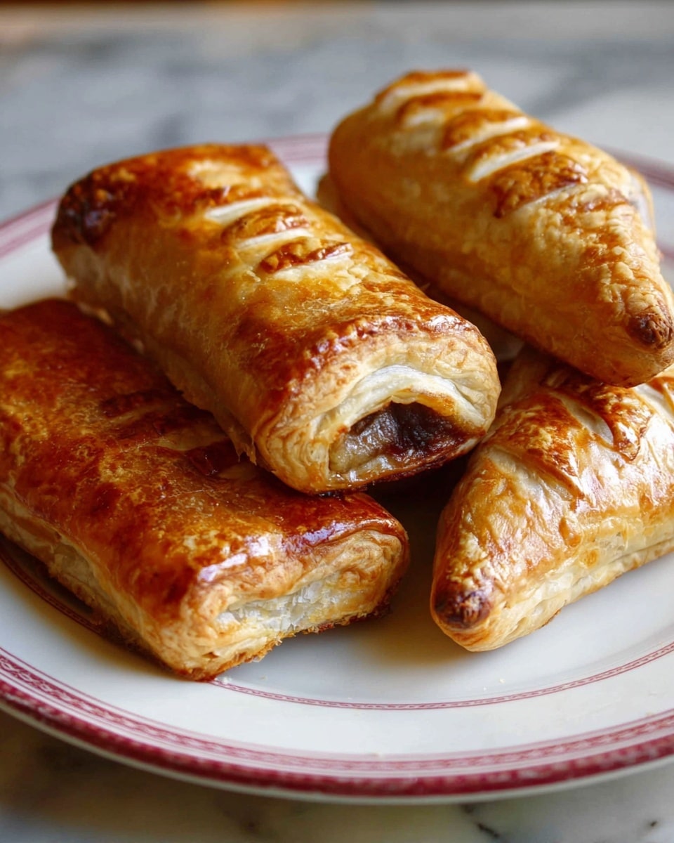 The image shows five golden-brown pastry rolls arranged on a white plate with a red trim. Each pastry has a shiny, crisp outer layer with visible flaky layers, and slits cut on the top. The pastries vary slightly in shape; some are rectangular, and others are more triangular, showing dark filling peeking out at one end. The plate sits on a white marbled surface, and the background is softly blurred. photo taken with an iphone --ar 4:5 --v 7