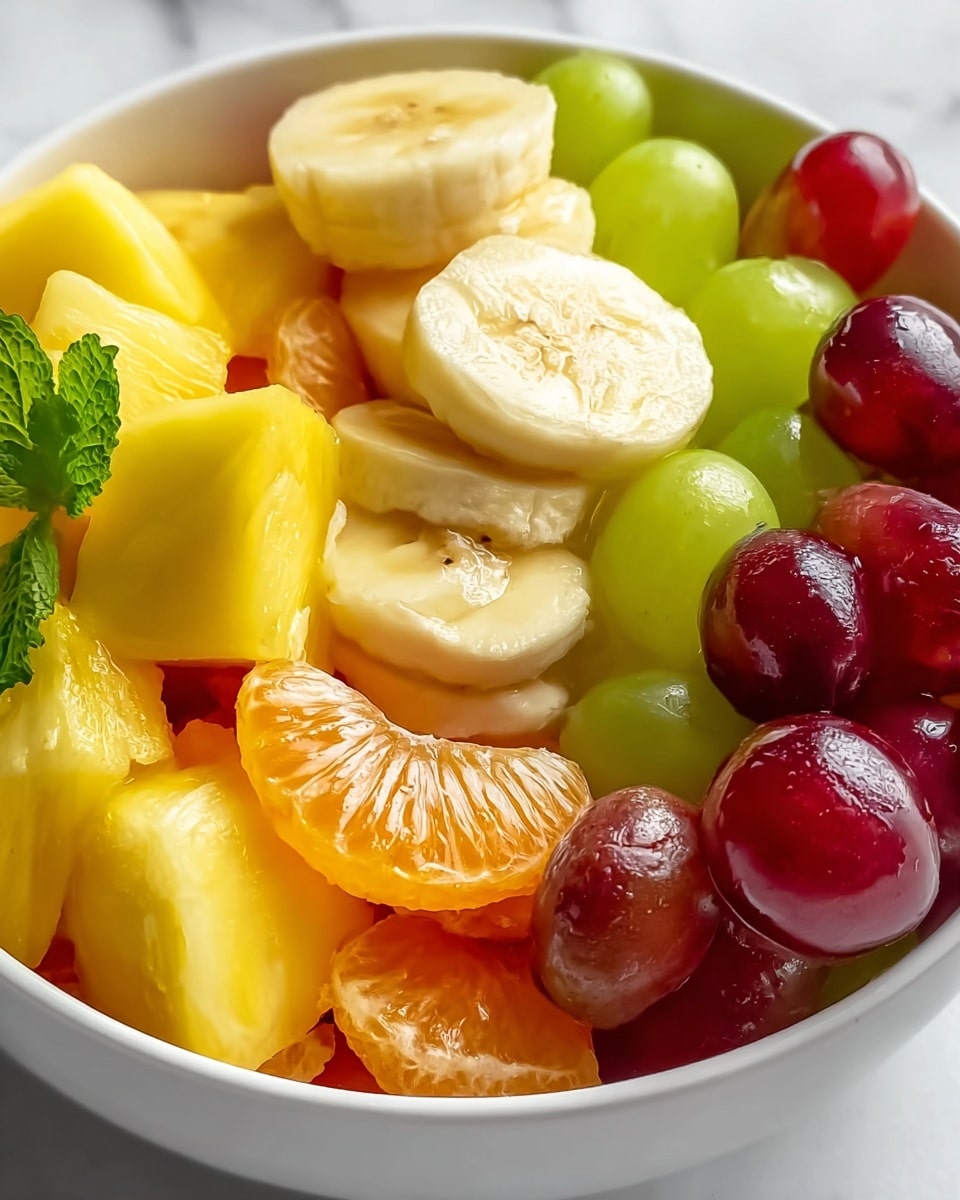 A close-up view of a white bowl filled with a colorful mix of fresh fruits arranged in layers: on top, creamy light yellow slices of banana with smooth texture; beneath them, shiny deep red grapes and bright green grapes with smooth skins; next, chunks of juicy yellow pineapple with a grainy texture; and segments of bright orange mandarin with visible juicy sacs, all resting on a white marbled textured surface. A small green leaf garnish adds a touch of freshness on the side. Photo taken with an iphone --ar 4:5 --v 7