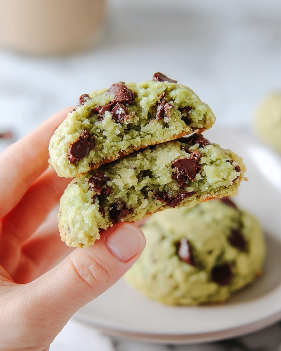 A close-up view shows a split green cookie held by a woman's hand, revealing its soft, crumbly inside filled with dark chocolate chips embedded throughout. The cookie's exterior is slightly rough with visible chocolate chips on the surface, while the interior shows a moist, dense texture with scattered chips melted slightly. In the background, another whole cookie rests on a white plate on a white marbled surface, all captured in bright natural light. photo taken with an iphone --ar 4:5 --v 7