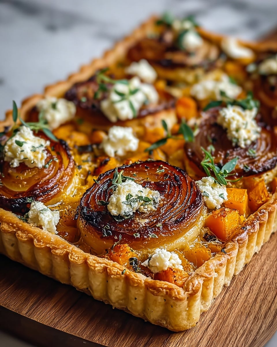 A square tart with a golden, crispy crust has three main visible layers: the bottom crust is thick and flaky with a rich golden brown color and crimped edges; the middle layer is filled with vibrant orange roasted cubes, likely squash or sweet potato, adding bright color and a soft texture; on top, large round slices of caramelized onions are browned with a slightly crisp edge, sprinkled with dollops of creamy white cheese and small green herb sprigs that add freshness and contrast. The tart sits on a wooden board with a blurred white marbled texture background. Photo taken with an iphone --ar 4:5 --v 7