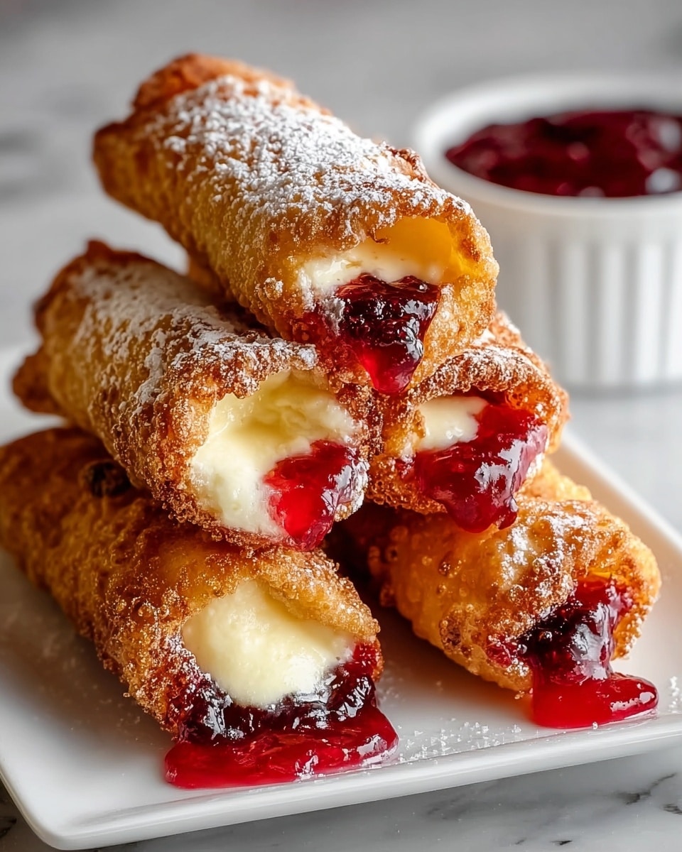 A stack of four golden brown fried rolls is shown on a white rectangular plate resting on a white marbled surface. Each roll has a crispy, bubbly texture on the outside and is filled with two visible layers inside: a creamy pale yellow layer and a vibrant red fruit jam oozing out from both ends, with some jam pooling on the plate. The rolls are lightly dusted with powdered sugar, adding a delicate texture contrast. In the background, a white ramekin filled with more red fruit jam sits slightly out of focus. Photo taken with an iphone --ar 4:5 --v 7