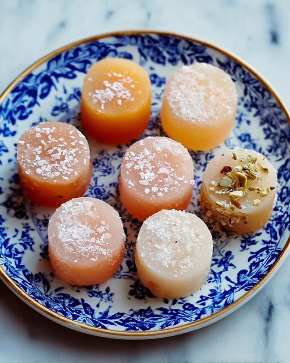 A round white plate with blue patterns holds nine small cylindrical sweets arranged close together, each about one layer thick. The sweets have a smooth, translucent texture with colors ranging from pale yellow to light orange and light pink. White powdered sugar or small flakes are sprinkled on top, adding a rough texture to the otherwise shiny surface. One sweet on the right has small bits of what looks like herbs or nuts embedded within. The plate sits on a white marbled surface. photo taken with an iphone --ar 4:5 --v 7