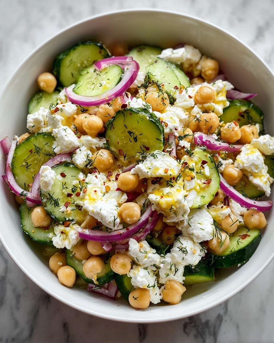 A white bowl filled with a fresh salad sits on a white marbled surface, showing layers of round, light beige chickpeas that cover the bowl, mixed with soft, white cottage cheese clumps. Scattered among the chickpeas are slices of bright green cucumber with dark green edges and chunks of purple-red onion. The salad is lightly sprinkled with dried green herbs and a hint of red pepper flakes, adding specks of color and texture. A drizzle of olive oil shines over the top, giving it a slight glisten. photo taken with an iphone --ar 4:5 --v 7