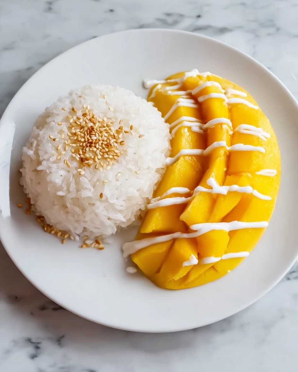 A white plate holds two main parts: on the left is a mound of sticky white rice with a slightly rough texture, topped with small golden-brown sesame seeds scattered in the center; on the right, there is a sliced ripe mango, cut into neat, even cubes showing bright yellow-orange flesh with a glossy surface, drizzled with thin lines of white coconut cream. The background is a white marbled texture. photo taken with an iphone --ar 4:5 --v 7