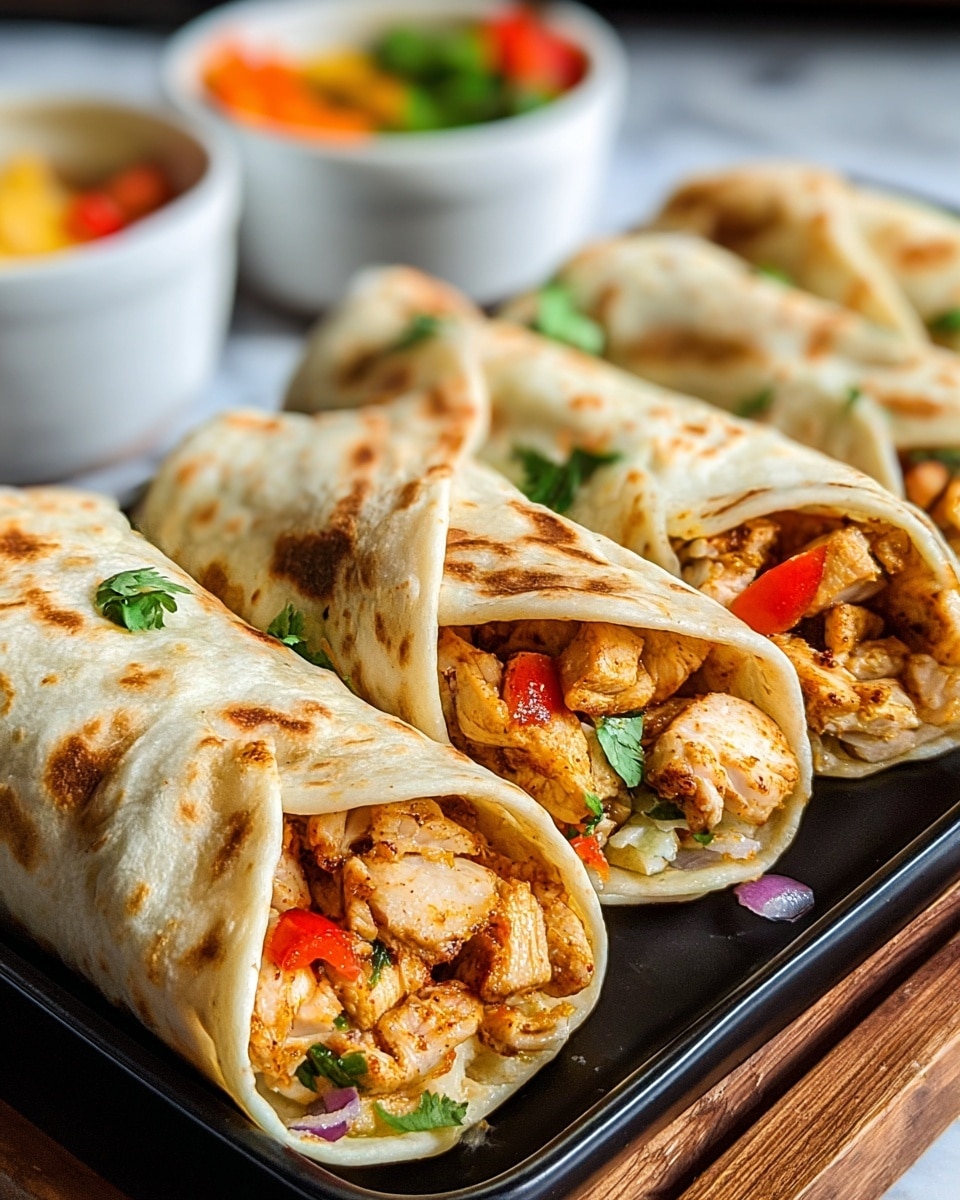 A close-up of four rolled tortillas filled with cooked, seasoned chicken pieces that are light brown with a slightly crispy texture. Inside the tortillas, there are visible small chunks of red and green bell pepper, chopped red onions, and green cilantro leaves, all mixed with the chicken. The tortillas have a soft, slightly toasted surface with some brown spots and are placed on a black rectangular tray. The tray is set on a white marbled texture surface, and in the blurred background, there are white bowls with colorful contents. photo taken with an iphone --ar 4:5 --v 7