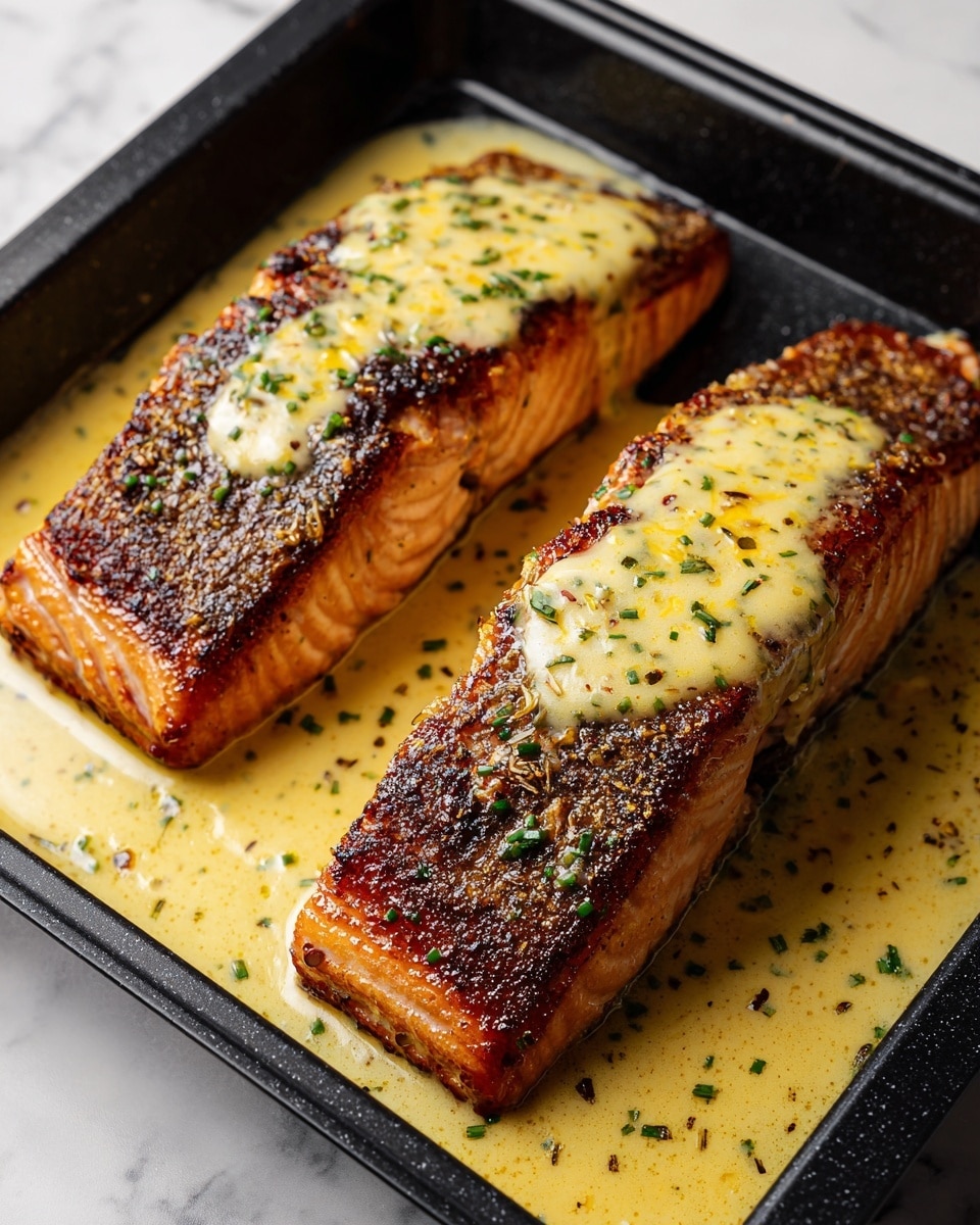 This image shows two thick, golden-brown salmon fillets on a black baking tray. Each fillet has a crispy, charred top layer with a slightly pink and flaky texture inside. On top of each piece is a creamy, light yellow sauce with visible small green herbs and yellow bits. The sauce also pools around the fillets in the tray, adding a smooth, glossy texture. The whole scene is set against a white marbled texture surface. photo taken with an iphone --ar 4:5 --v 7