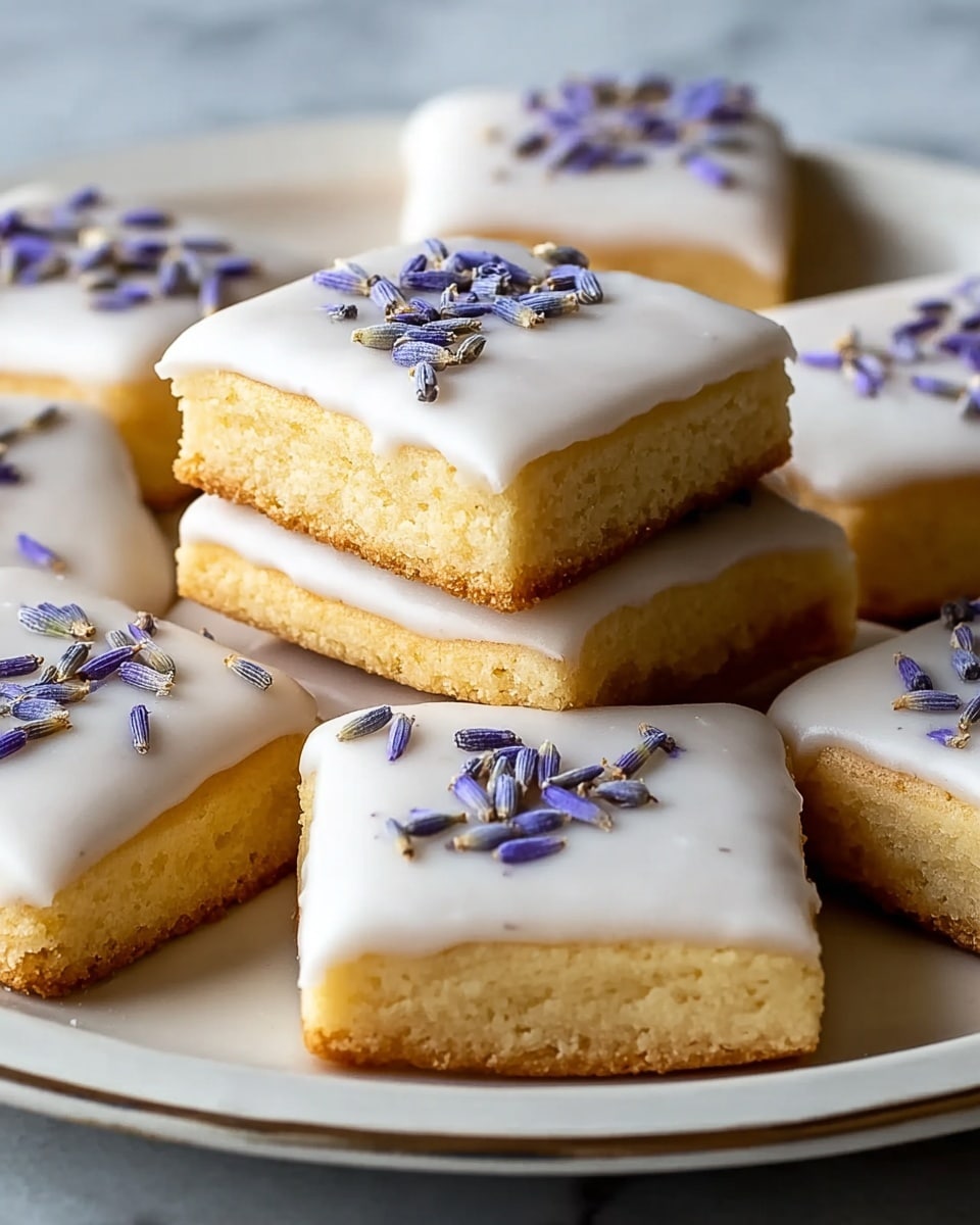 A close-up view of square shortbread cookies with a thick base layer of golden-baked dough, topped with a smooth, glossy white icing layer that evenly covers each cookie. On the top center of the icing are scattered small purple lavender flower petals adding a natural decorative touch. Two cookies are stacked in the middle while the rest are placed flat around them, all resting on a white plate with a simple rim, set against a white marbled texture background. photo taken with an iphone --ar 4:5 --v 7