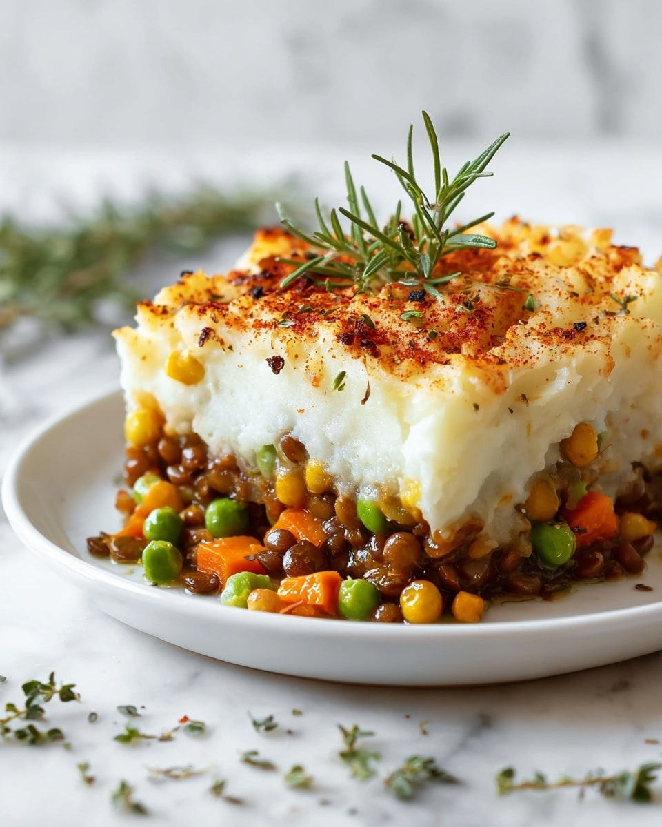 The dish is a layered shepherd's pie served on a white plate set on a white marbled surface. The bottom layer consists of cooked lentils mixed with diced orange carrots and green peas, providing a rich, earthy base with varied textures. Above that is a thick, creamy white mashed potato layer, slightly rough on top with a golden-brown crust formed by light roasting. The top layer is sprinkled with a dusting of reddish-brown paprika and is garnished with fresh green rosemary sprigs and small herb leaves for a touch of color and freshness. There are small scattered herbs on the surface near the plate. photo taken with an iphone --ar 4:5 --v 7
