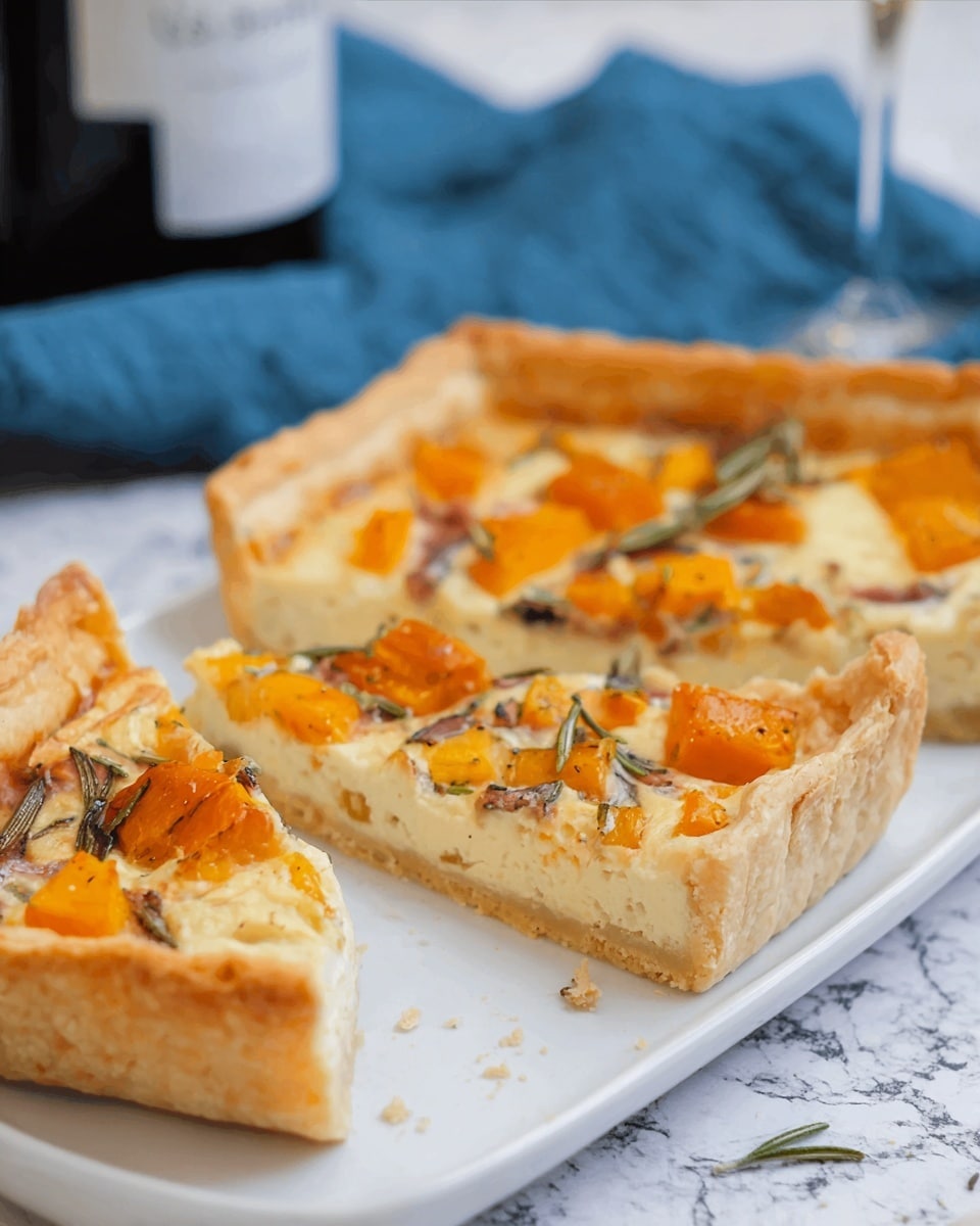 The image shows a square slice of a savory tart on a white plate with a white marbled surface underneath. The tart has three visible layers: a thick, light golden-brown flaky crust forms the base and edges, a creamy pale yellow filling sits in the middle, and scattered small cubes of bright orange squash and some thin rosemary sprigs rest on top. The tart is cut into sections with one slice slightly lifted, showing the soft inside texture. In the background, a blue cloth and a blurred bottle add depth to the scene. photo taken with an iphone --ar 4:5 --v 7