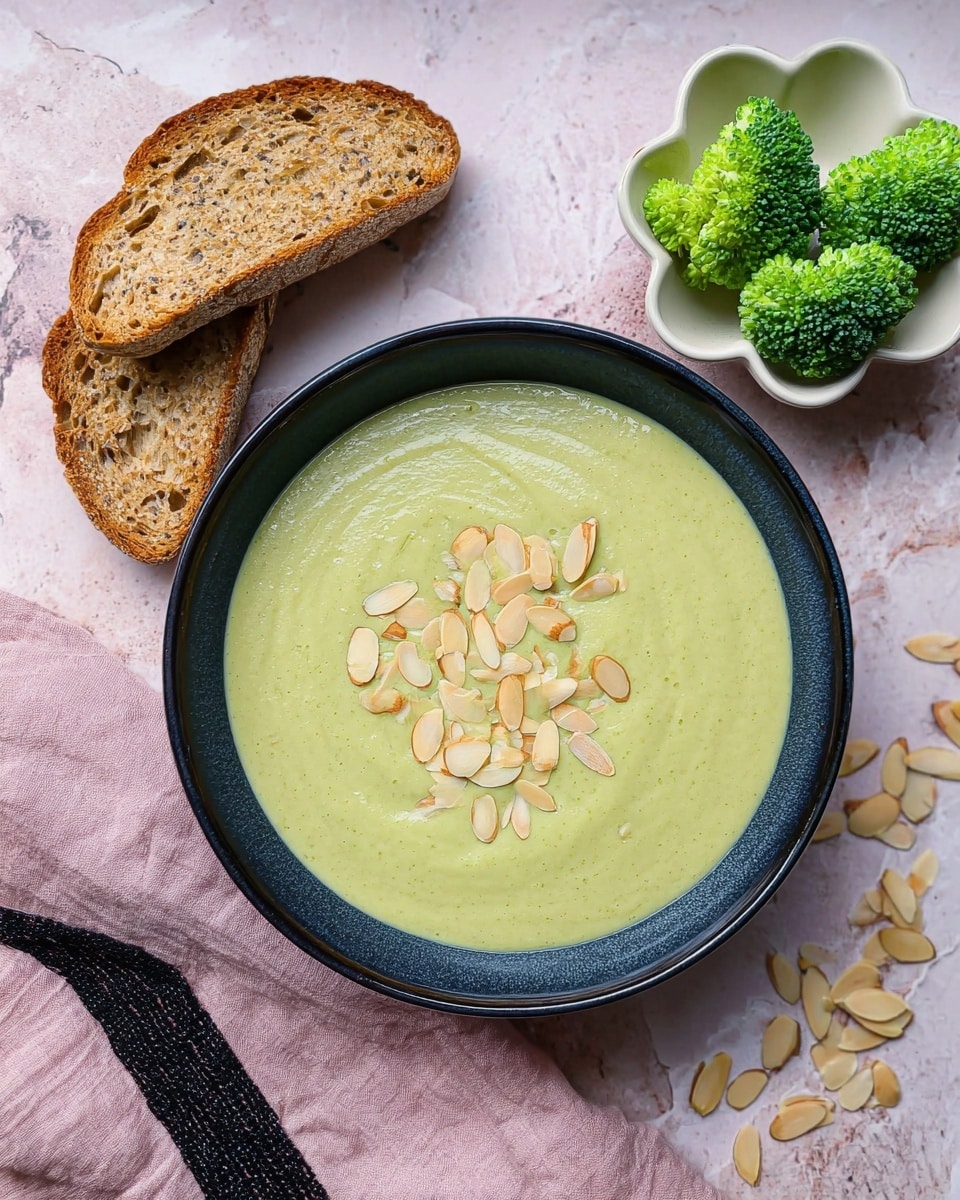 A dark blue bowl filled with smooth, creamy light green soup topped with scattered almond slices in the center. To the top right of the bowl, a white flower-shaped small plate holds three bright green broccoli florets. On the top left side, there are two slices of toasted multigrain bread with a golden-brown crust, partially overlapping each other. Light beige almond slices are scattered around the bowl on the white marbled texture, along with a folded light pink cloth napkin with a black edge on the bottom left. photo taken with an iphone --ar 4:5 --v 7