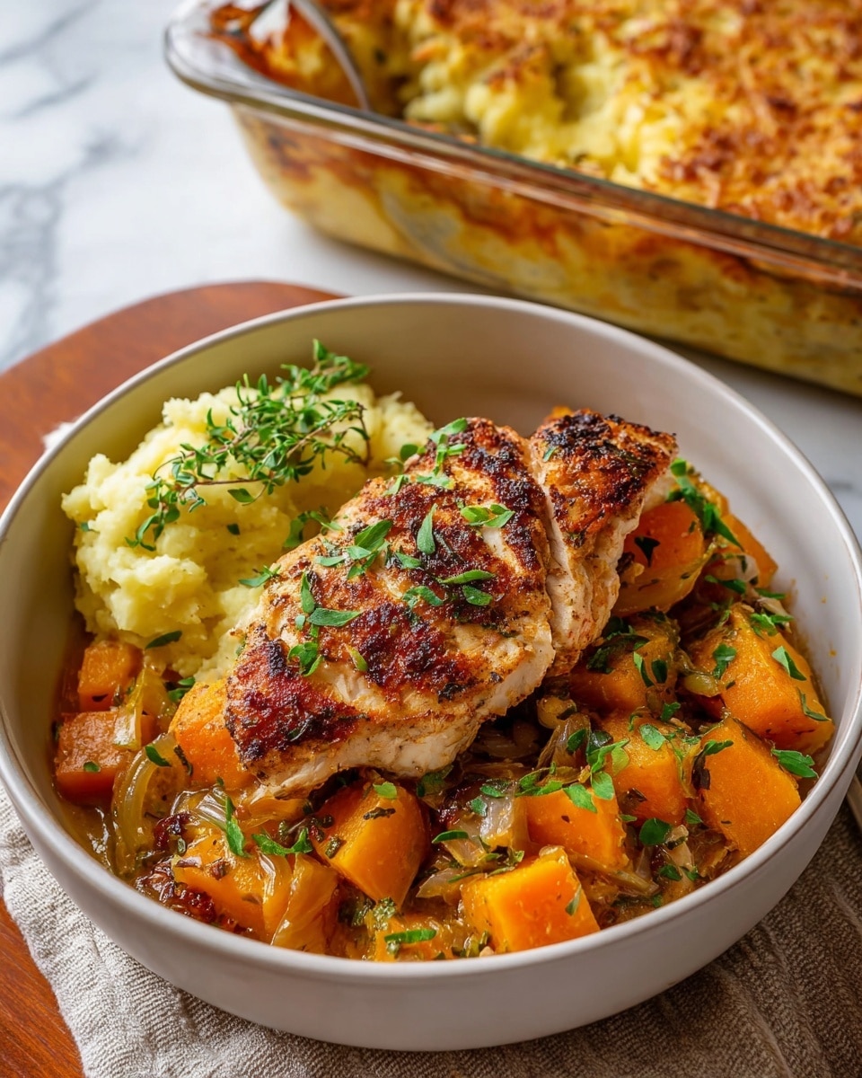 A round white bowl holds a colorful dish with three main layers. At the bottom, there are soft orange chunks of roasted squash mixed with translucent cooked onions and small bits of herbs and spices, creating a moist, textured bed. On top, a thick piece of golden-brown seasoned grilled chicken breast sits slightly to the right, covered with bright green chopped herbs. On the left side, a small mound of light yellow mashed potatoes is placed, garnished with a sprig of fresh green herbs. The bowl is set on a beige textured cloth over a white marbled surface, with a glass baking dish filled with a golden brown baked casserole blurred in the background. Photo taken with an iphone --ar 4:5 --v 7