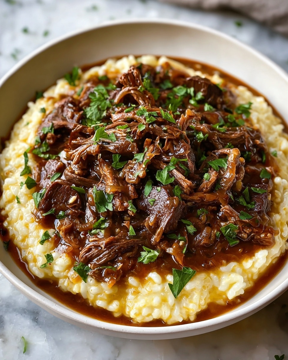 A shallow white bowl sits on a white marbled surface, filled with a two-layer dish. The bottom layer is creamy, pale yellow risotto with a soft, slightly glossy texture, spread evenly across the bowl's base. On top, there is a second layer of dark brown beef pieces covered in a thick, rich brown sauce, with visible pieces of onion and herbs mixed in. The beef looks tender and shredded, garnished with fresh chopped green parsley scattered across the surface. Photo taken with an iphone --ar 4:5 --v 7