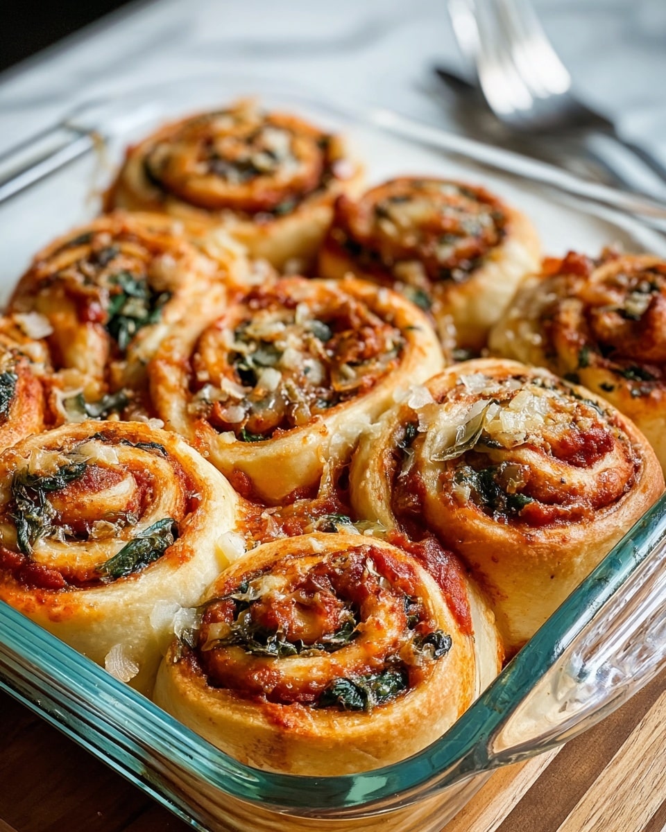 The image shows a glass baking dish filled with soft, golden-baked spiral rolls. Each roll has three visible layers: the outer dough layer is light beige and fluffy, the middle layer is a rich red tomato sauce, and the inner layer has dark green spinach leaves and slices of pale onion. The spirals are topped with small bits of melted cheese and herbs. The dish is placed on a white marbled surface with a blurred silver fork in the background. photo taken with an iphone --ar 4:5 --v 7