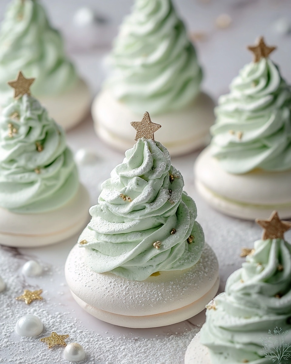 The image shows several small Christmas tree-shaped desserts made of three main layers. The bottom layer is a round, flat, pale green meringue with a smooth but slightly cracked texture. The middle and top layers are swirls of light green whipped cream or frosting, piped in soft, rounded waves that form the shape of a Christmas tree, with five to six swirling layers that get smaller near the top. Each tree is topped with a small edible gold star decoration. The trees are set on a white marbled surface sprinkled with small white powder and tiny gold stars, creating a festive look. The lighting is soft, highlighting the smooth, creamy texture of the frosting and the matte finish of the meringue bases. photo taken with an iphone --ar 4:5 --v 7