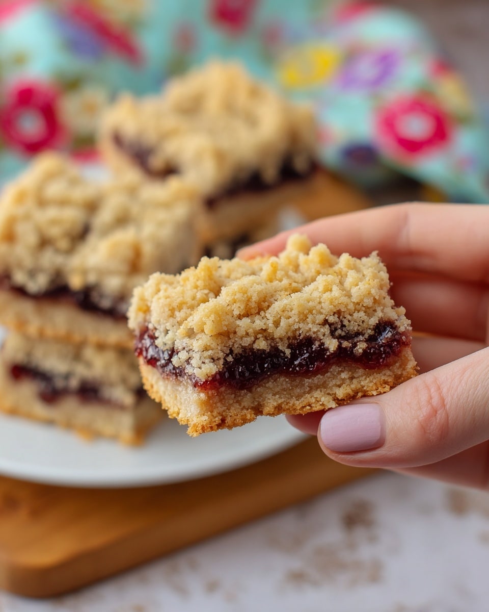 A close-up of a woman's hand holding a small square crumb bar with three visible layers: a light golden crumbly top layer with uneven chunks, a thick dark red jam middle layer that looks shiny and sticky, and a light beige bottom layer that appears firm and soft. In the blurred background, there are more crumb bars on a white plate with a colorful floral cloth draped behind it and one square on a wooden board, all placed on a white marbled texture. photo taken with an iphone --ar 4:5 --v 7