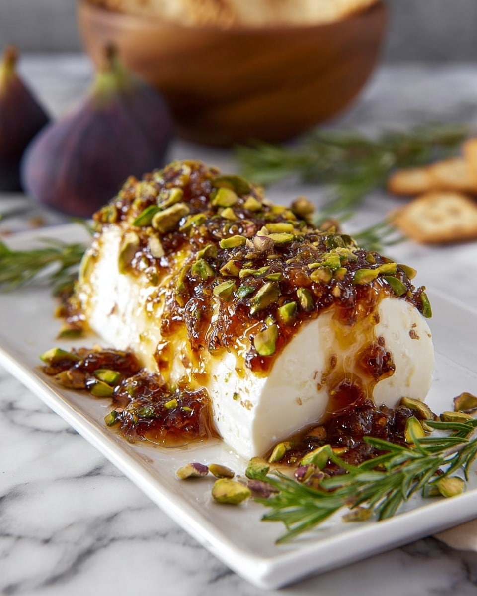 A white rectangular plate holds a thick roll of soft white cheese covered with a generous layer of shiny, amber-colored fig jam that drips down the sides. The cheese is studded with crunchy green and brown pistachio pieces that are sprinkled generously on top and around the plate. Fresh green rosemary sprigs lay on the white marbled surface next to the plate, adding contrast. In the blurry background, two figs and a wooden bowl with crackers are visible, giving a cozy, natural look. Photo taken with an iphone --ar 4:5 --v 7