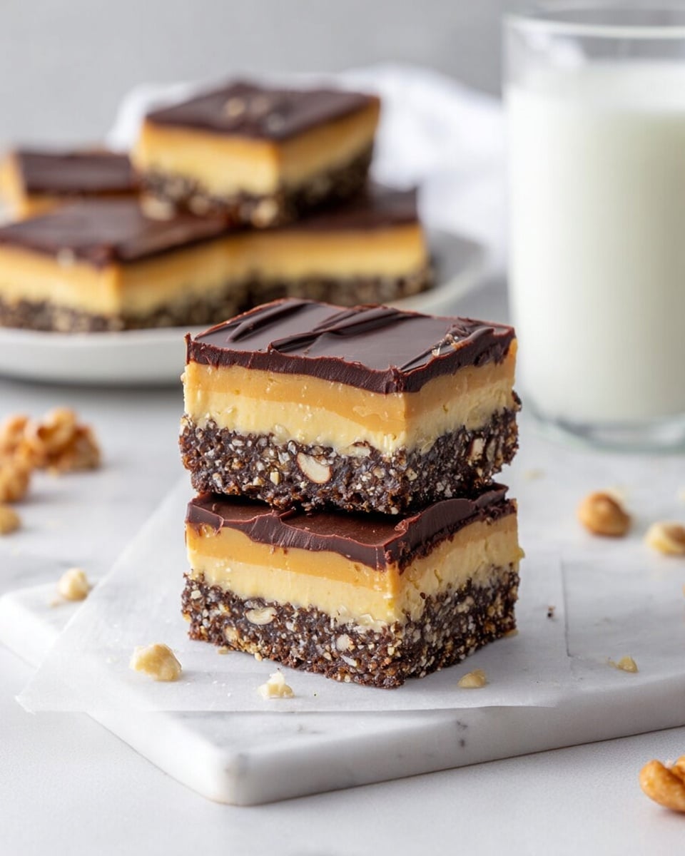 The image shows three square dessert bars stacked on top of each other on a white marbled surface. Each bar has three visible layers: the bottom layer is dark brown with a rough texture containing visible pieces of nuts and crumbs, the middle layer is smooth and creamy light yellow, and the top layer is a glossy, dark chocolate layer. In the background, there is a white plate with more bars, and a glass of milk is also visible on the right side. The scene is set on a white marbled surface with some scattered nuts nearby. photo taken with an iphone --ar 4:5 --v 7