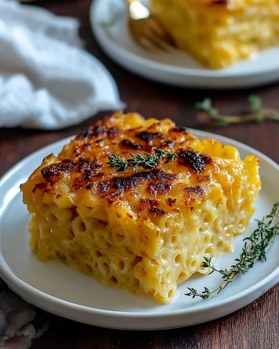 A single square of baked macaroni and cheese sits centered on a white plate, showing two layers of creamy, yellow macaroni pasta with a lightly browned and bubbly top layer of melted cheese that has a golden, caramelized crust with darker brown spots for texture. A small sprig of fresh green thyme rests neatly on top, adding a touch of color and freshness. The plate is on a dark wooden surface with a white marbled texture visible nearby, and a blurred second plate with a similar macaroni piece is in the background, accompanied by a white cloth and silver fork partially visible. Photo taken with an iphone --ar 4:5 --v 7
