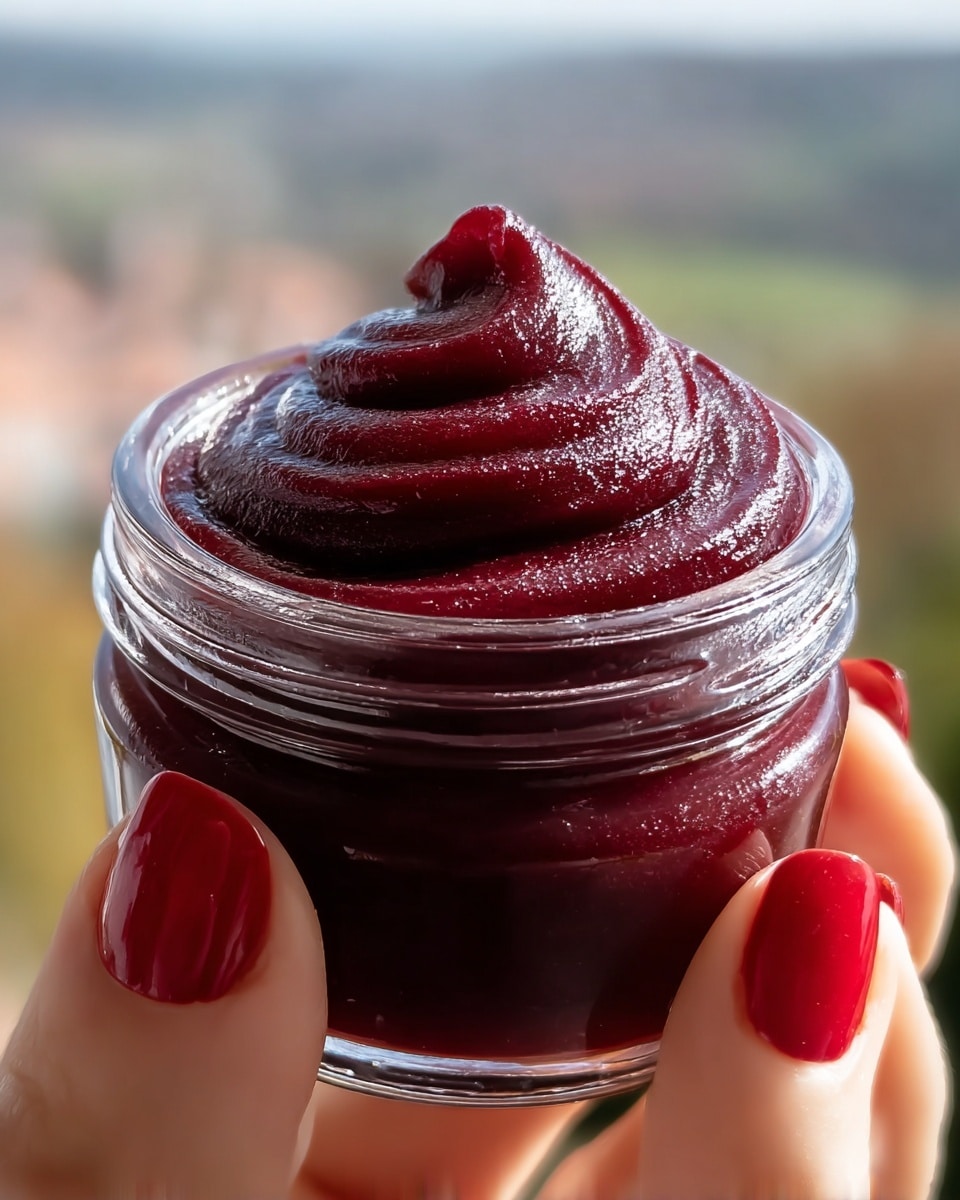 A small clear glass jar filled to the brim with thick, smooth dark red jam, swirled on top into a soft peak with a glistening, slightly textured surface. The jar is held by a woman's hand with red painted nails, the white marbled background blurred out, showing soft natural outdoor light. Photo taken with an iphone --ar 4:5 --v 7