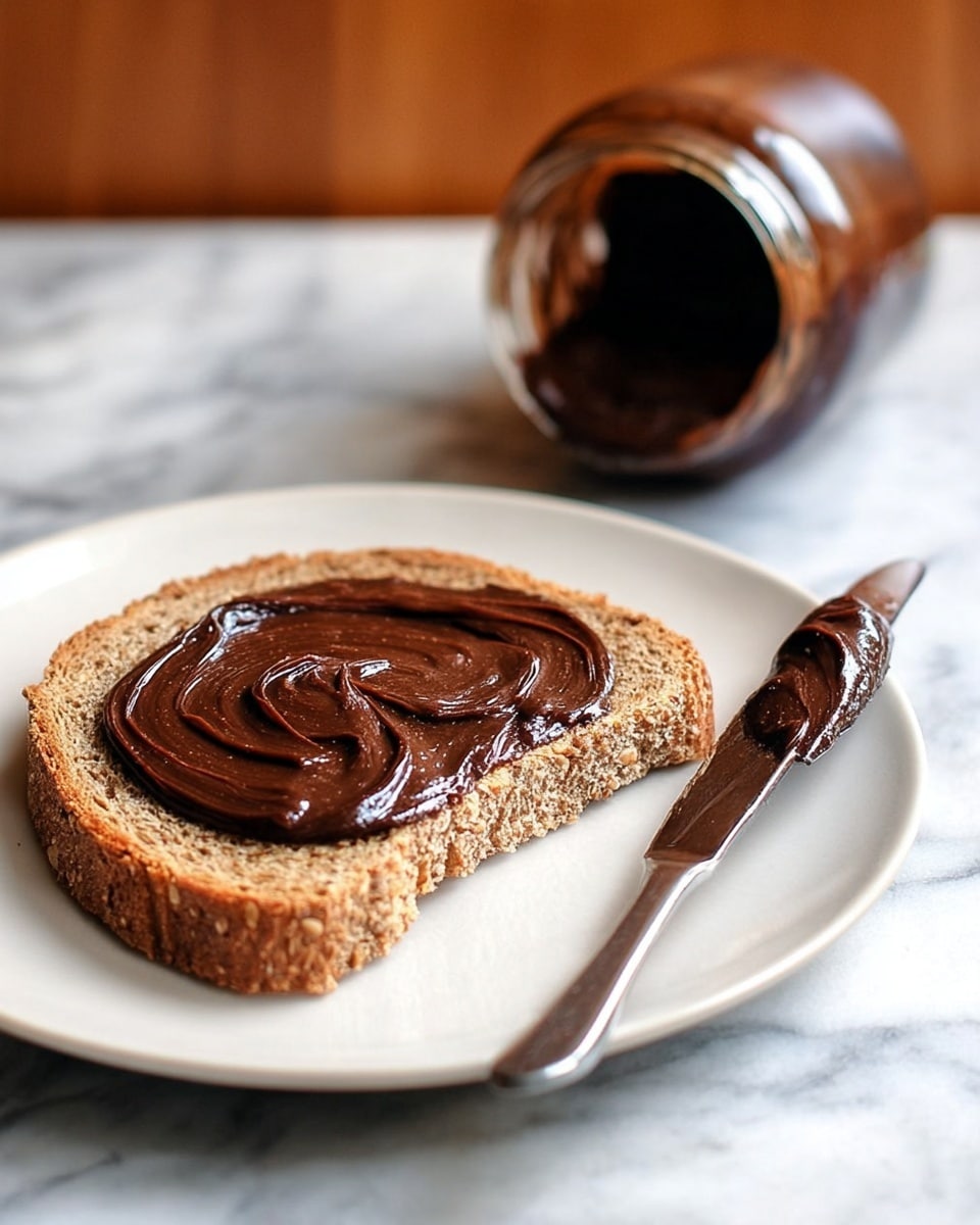 A single slice of brown bread with a rough texture sits in the center of a white plate. The bread is topped with one smooth layer of shiny, dark brown spread, thickly but unevenly spread. To the right of the plate, a shiny silver knife holds a dollop of the same dark brown spread. In the background, there is a tilted glass jar showing traces of the dark spread inside, placed on a white marbled surface. Photo taken with an iphone --ar 4:5 --v 7