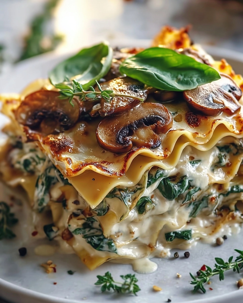 A close-up of a three-layer lasagna stacked on a white plate, showing wavy pasta sheets that are golden and slightly browned on the edges, with layers of creamy white sauce mixed with sautéed green spinach and small brown mushroom pieces. The top layer has browned pasta with slices of cooked mushrooms and fresh two green basil leaves glowing richly on top. The plate sits on a surface with white marbled texture, and there are some green herb sprigs and small black pepper flakes scattered around the plate. The image has a warm, cozy look. photo taken with an iphone --ar 4:5 --v 7