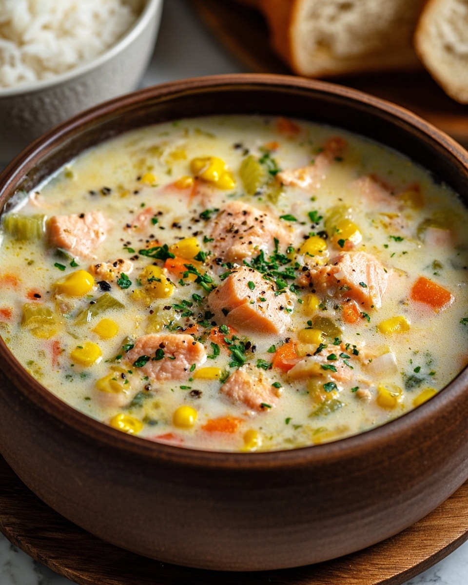 A close-up of a thick soup served in a deep, brown bowl placed on a wooden board over a white marbled texture. The soup has a creamy light yellow base with visible pieces of light pink salmon chunks, bright yellow corn kernels, small diced orange carrots, translucent white onions, and bits of green herbs scattered throughout. The top is sprinkled with black pepper and finely chopped green herbs, adding contrast to the creamy soup. In the background, there is a blurred white bowl of rice and pieces of crusty bread. photo taken with an iphone --ar 4:5 --v 7