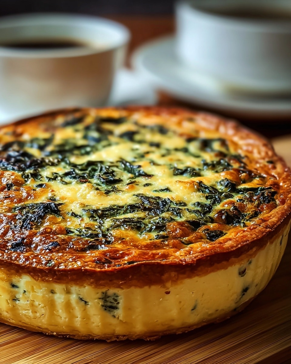 The dish shows a thick, round baked quiche resting on a wooden surface set against a softly blurred background. It has two visible layers: a bottom layer that is creamy yellow with flecks of dark green, likely spinach or herbs mixed through, and a top layer that is golden brown with melted cheese and dark green leaves scattered across, creating a textured, slightly crisp surface. The edges of the quiche have a browned, slightly puffy crust that adds depth to the overall look. There is a white cup of dark coffee placed in the background, slightly out of focus, adding a cozy morning vibe. photo taken with an iphone --ar 4:5 --v 7