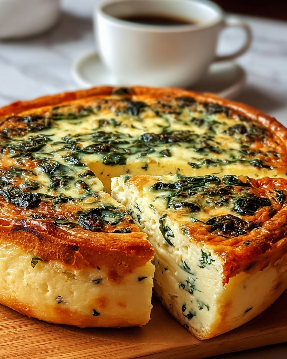 A round, thick quiche with two visible layers: the bottom layer is creamy pale yellow with bits of green herbs mixed throughout, and the top layer is a golden-brown baked cheese crust interspersed with leafy green spinach pieces, giving a textured and slightly uneven surface. The edges are slightly browned and puffed, showing a soft and moist interior. The quiche is placed on a wooden board, with a white cup of dark coffee blurred in the background, all set on a white marbled surface. photo taken with an iphone --ar 4:5 --v 7