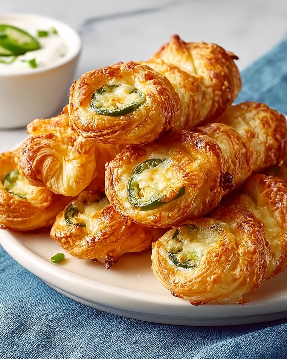 This image shows a close-up of five twisted golden-brown pastries stacked in two rows on a white plate. Each pastry has a crispy, flaky outer layer with visible melted cheese that creates a slightly shiny, bubbly texture. Inside the pastries, green slices of jalapeño peppers are peeking through the dough, adding a fresh pop of color against the warm, toasted appearance of the crust. The plate sits on a blue fabric cloth, with a small white bowl in the background that appears to contain a creamy white sauce with green garnish. The setting is on a white marbled textured surface. photo taken with an iphone --ar 4:5 --v 7