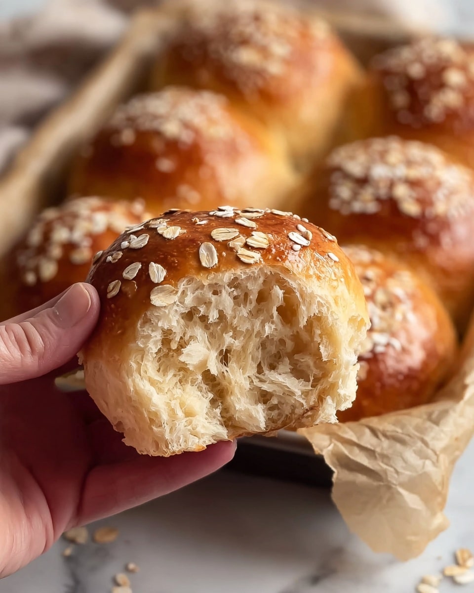 A close-up shows a bitten soft dinner roll held by a woman's hand, revealing a light, fluffy, and airy inside texture. The roll's outside is golden brown and shiny, sprinkled with flat oat flakes on top. In the background, more rolls with the same details are visible, placed in a baking tray lined with parchment paper, all on a white marbled surface. photo taken with an iphone --ar 4:5 --v 7
