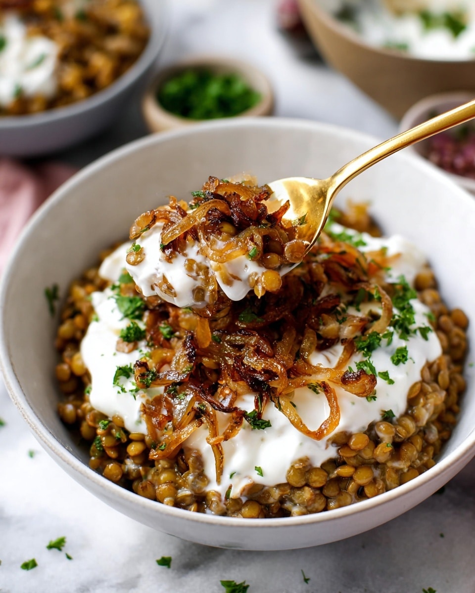 A white bowl filled with a base layer of cooked lentils and grains in light brown and greenish shades, topped with a thick layer of creamy white yogurt, and finished with a layer of golden brown caramelized onions scattered with small pieces of green parsley. A golden spoon dips into the bowl, partially lifting some of the yogurt and onions. The bowl sits on a surface with a white marbled texture, with blurred bowls and small green parsley pieces visible around it. photo taken with an iphone --ar 4:5 --v 7