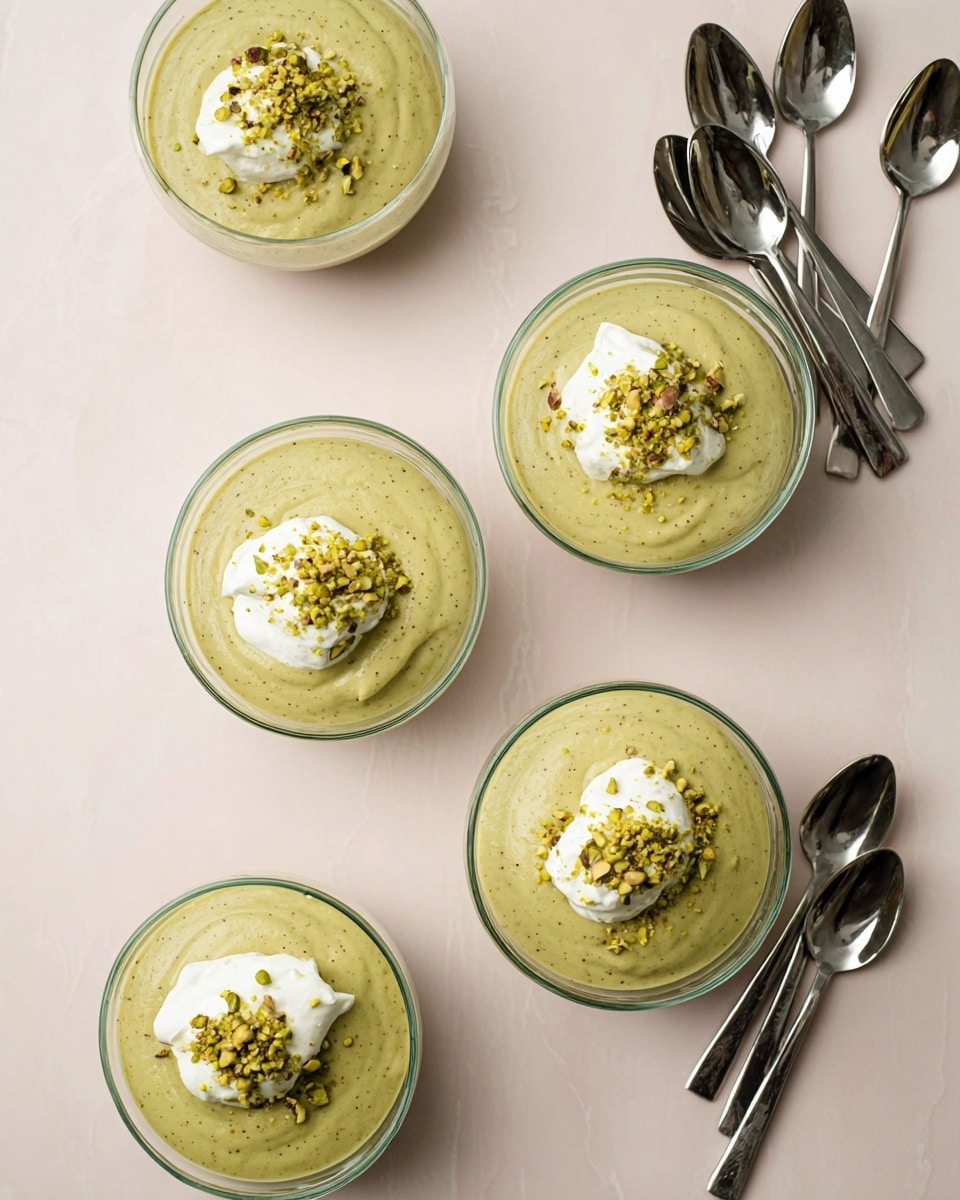 Five clear glass bowls sit on a white marbled surface, each filled with a smooth, thick, light green pudding that has small darker specks. Two of the bowls have a dollop of white cream placed in the center on top, sprinkled with crushed green pistachio bits. To the right of the bowls, there are six shiny silver spoons arranged casually. The overall look is simple and clean, highlighting the creamy texture of the pudding and the fresh topping. photo taken with an iphone --ar 4:5 --v 7
