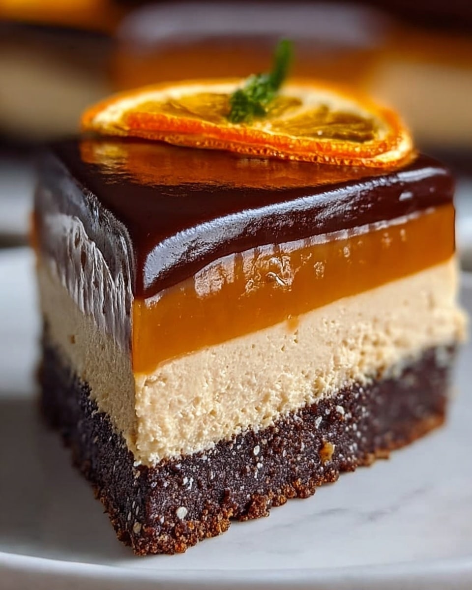 A close-up of a four-layered dessert slice on a white plate placed on a white marbled surface. The bottom layer is dark brown with a crumbly texture, resembling a chocolate crust. On top of it is a thick, creamy light beige layer with a smooth and airy texture. Above that is a shiny, thick caramel-colored layer with a glossy finish. The top layer is a glossy dark chocolate ganache with a very smooth surface, slightly melting at the edges. The dessert is garnished with a thin, dried orange slice on the top edge, adding some bright orange color. Photo taken with an iphone --ar 4:5 --v 7