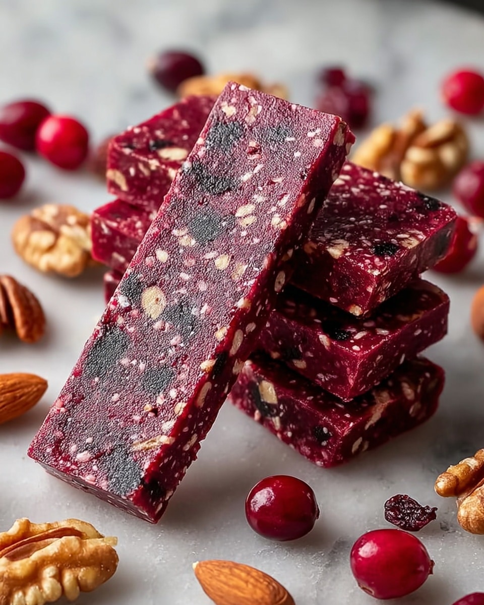The image shows four rectangular bars stacked roughly in two layers, with a deep red color filled with visible black and white bits inside, indicating nuts and dried fruits. The bars have a smooth, somewhat glossy texture with tiny seeds and nut pieces scattered throughout. Around the bars, whole red cranberries, almonds, and walnut halves are spread casually on a white marbled surface, adding more color and texture contrast to the scene. photo taken with an iphone --ar 4:5 --v 7