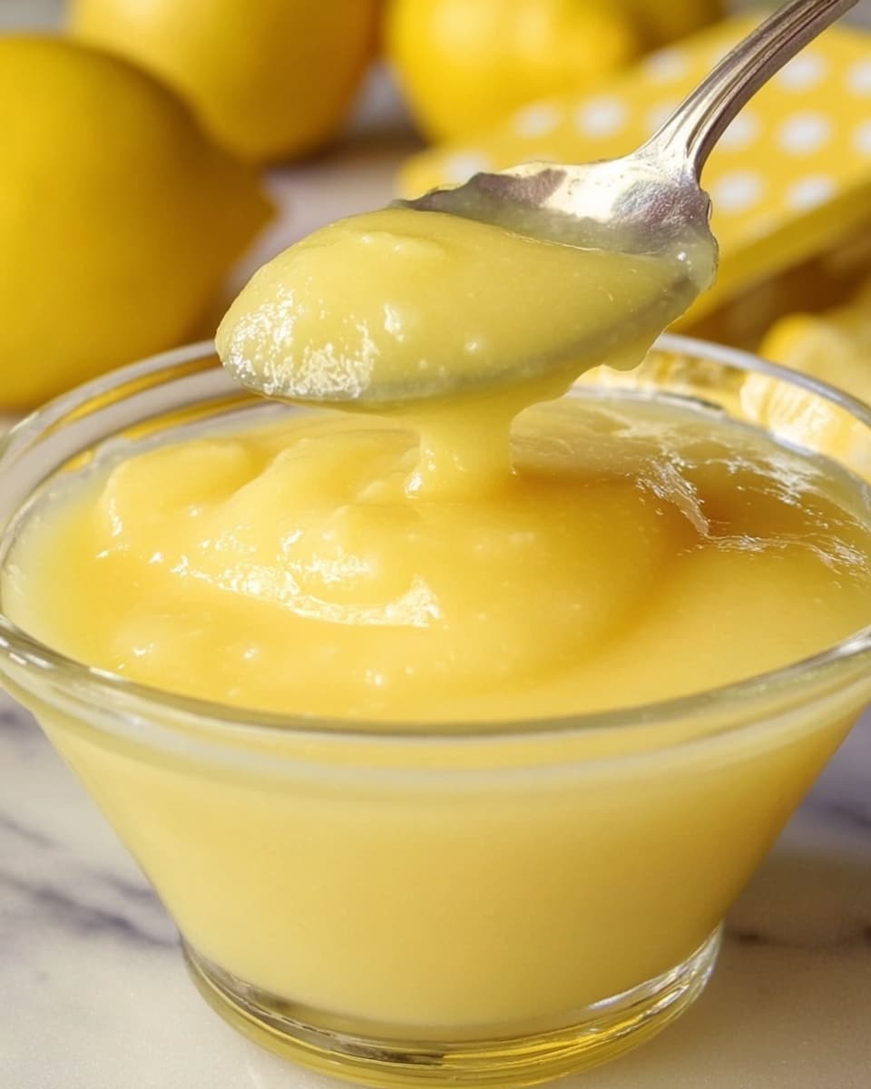 A close-up view shows a spoon lifting a thick, glossy yellow lemon curd from a clear glass bowl filled with the same smooth, creamy yellow curd. The lemon curd has a shiny, soft texture and bright yellow color, with a few tiny bubbles on its surface. The background features a soft focus of yellow lemons and a yellow box with light dots on it, all placed on a white marbled surface. photo taken with an iphone --ar 4:5 --v 7