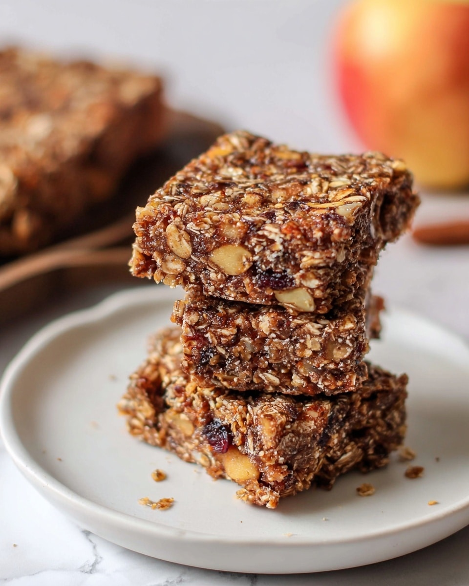 The image shows three square granola bars stacked slightly unevenly on a white plate. Each granola bar is thick, with a rough texture, and is made up of visible oats, small pieces of nuts, and dried fruits giving a mix of light brown, dark brown, and hints of reddish colors within each bar. The plate sits on a white marbled surface, with a blurred granola log and an apple partially visible in the background. The bars appear chewy and dense with a natural, homemade look. photo taken with an iphone --ar 4:5 --v 7