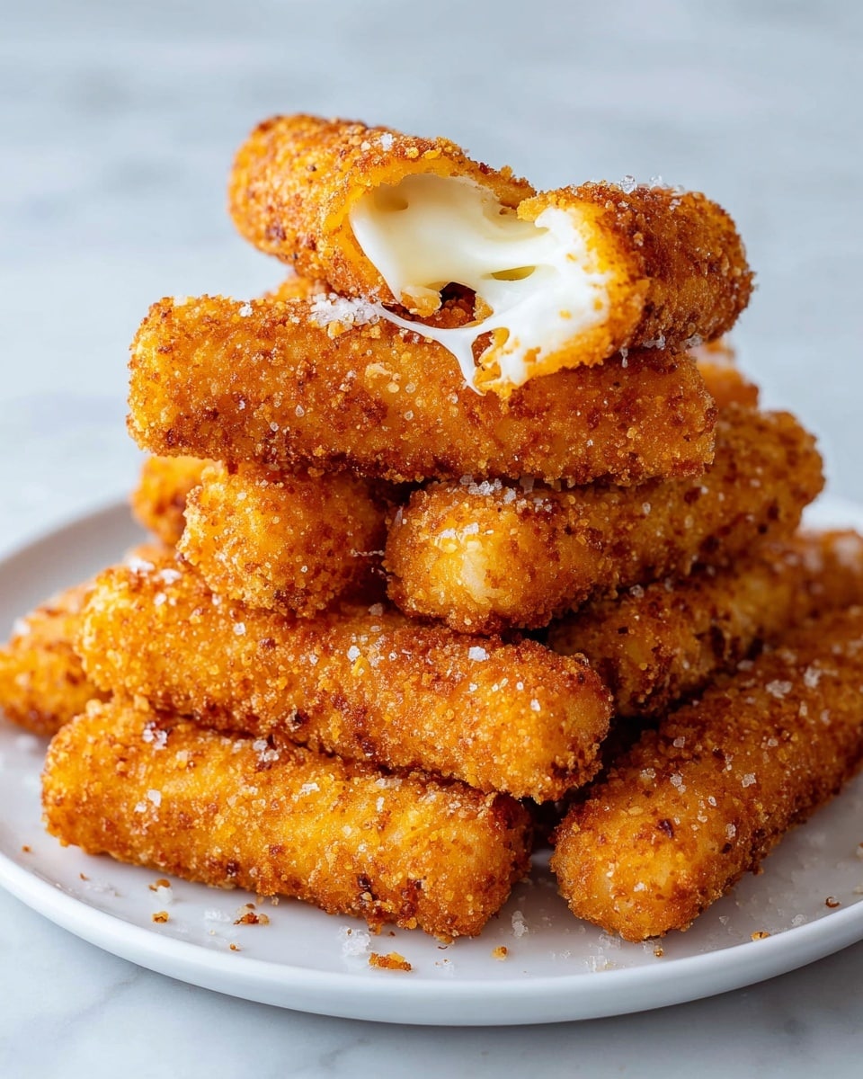 A stack of golden-brown fried mozzarella sticks is neatly piled on a white plate, each stick coated in a crunchy, textured breadcrumb crust. The top mozzarella stick is broken in half, showing melted, stretchy white cheese inside. The crispy outer layer has small bits of seasoning and a few salt crystals sparkling on the surface. The plate is placed on a white marbled texture, giving a clean and bright background to the tasty snack. Photo taken with an iphone --ar 4:5 --v 7