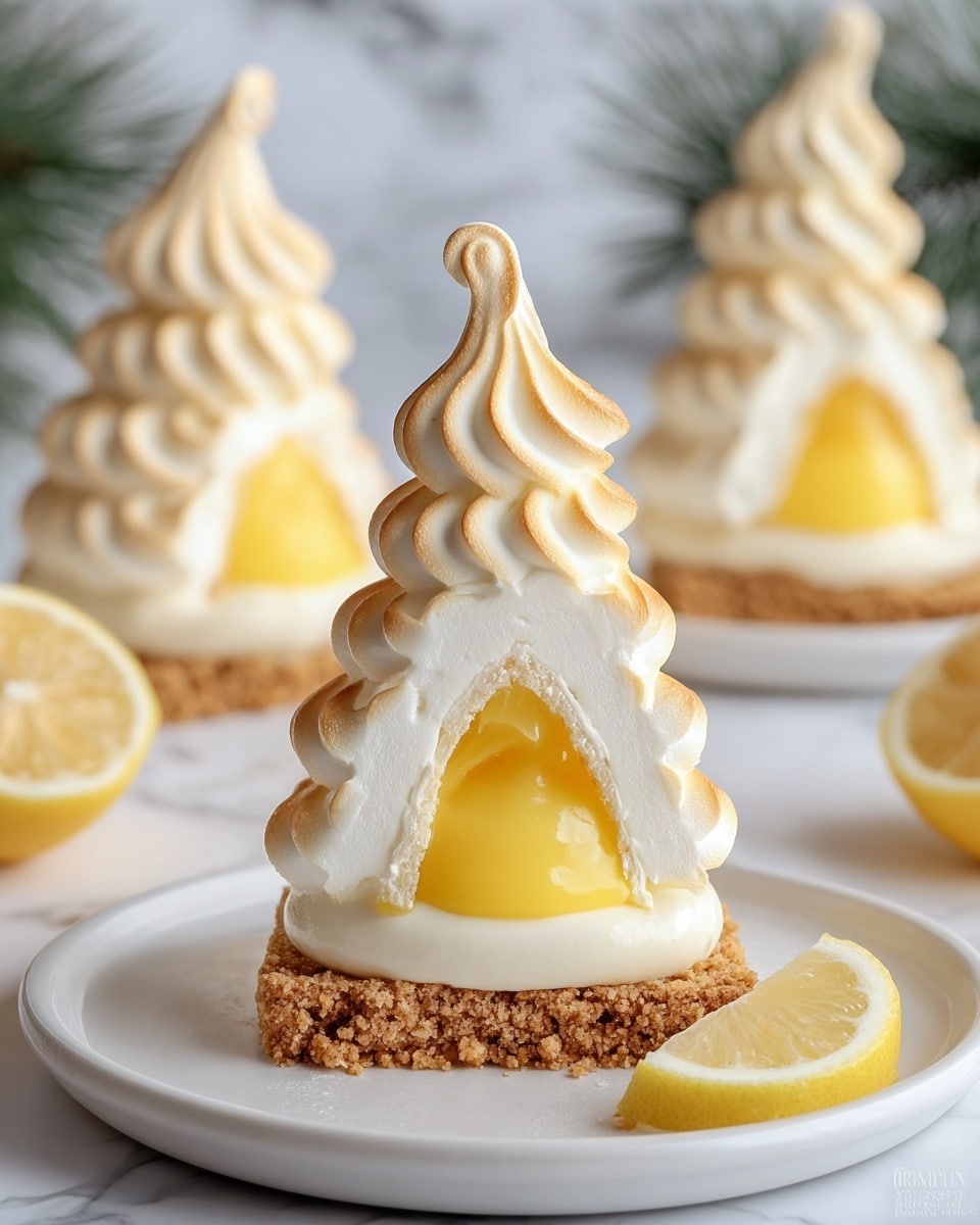 A lemon dessert shaped like a tall, wavy tree with four clear layers is placed on a white plate on a white marbled surface. The bottom layer is a thick brown crust with a crumbly texture. Above it is a soft, white layer of cream or meringue. Inside this white layer is a bright yellow lemon curd filling. The top layer is light, swirled lemon-flavored cream, piled high in thick ruffles and finished with a small curl at the peak. Two similar lemon desserts are blurred in the background. A small lemon wedge is placed on the right side of the plate. Photo taken with an iphone --ar 4:5 --v 7