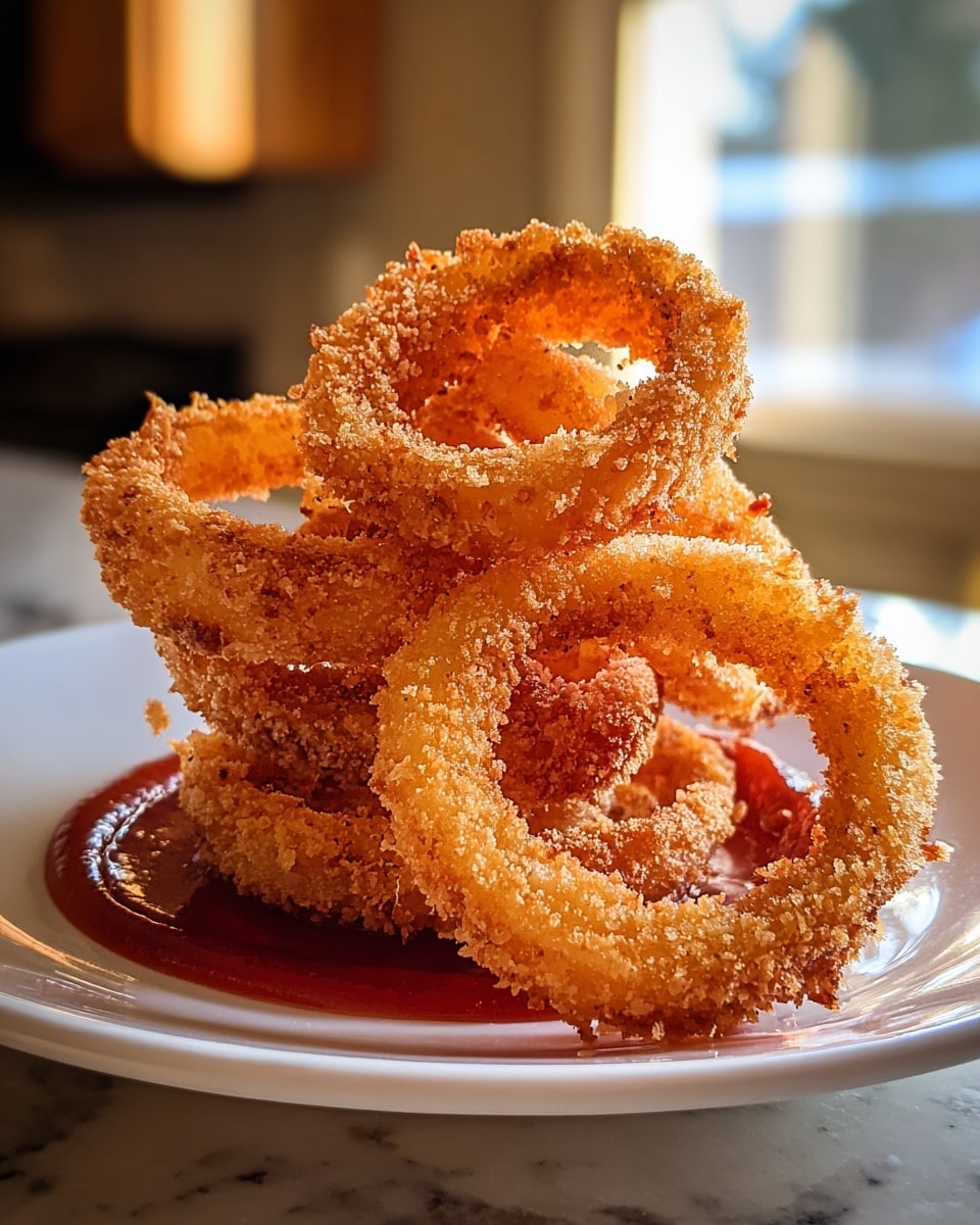 A small stack of golden-brown crispy fried onion rings is placed on a white plate with a red sauce underneath. The onion rings have a crunchy, textured coating with some parts showing a slightly darker fried color. They are layered in a casual pile with three rings clearly visible in front, showing their round shape and hollow centers. The plate sits on a white marbled surface, and the background is softly blurred with warm light coming through a window, giving the image a cozy kitchen feel. Photo taken with an iphone --ar 4:5 --v 7