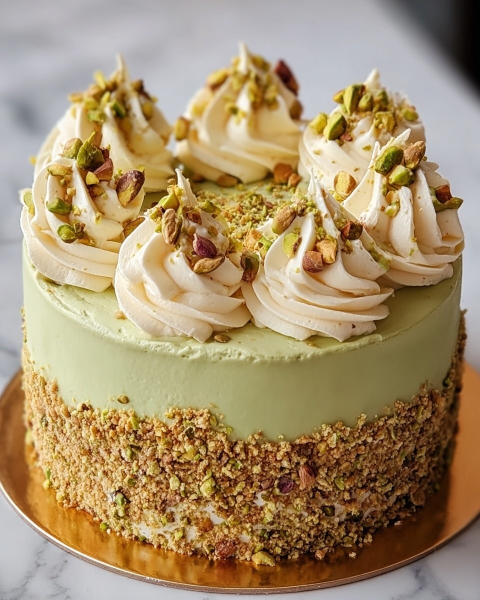 A round, two-layer cake is shown with the bottom layer covered in a crumbly mix of chopped pistachios and light brown crumbs. The top layer is smooth and covered in a pale green frosting. On top, there are large swirls of creamy white frosting, each topped with whole pistachios and sprinkled with crushed pistachios. The cake sits on a gold board, placed on a white marbled surface. photo taken with an iphone --ar 4:5 --v 7