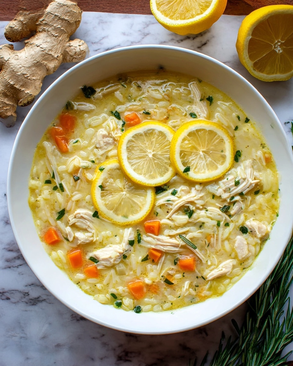 A white bowl filled with creamy chicken soup consisting of shredded chicken pieces, small orange carrot cubes, and soft yellow rice, all mixed in a pale yellow broth. Bright yellow lemon slices sit on top, adding a fresh look. Green herb bits are sprinkled across the surface for color contrast. The bowl is placed on a white marbled textured surface with fresh ginger, garlic bulb, lemon, and rosemary around it, adding a natural and fresh feel to the scene. photo taken with an iphone --ar 4:5 --v 7